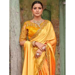 Beautiful Yellow Embroidered <b>Satin</b> Party Wear Saree With <b>Blouse</b> - Product Image 6