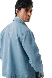 <b>Light</b> Blue Denim Zip Up Jacket for Men Premium Cotton Long Sleeve Outerwear with Dual Chest Pockets Fashion Casual Workwear - Product Image 2