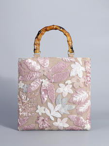 Fashion Linen Beading <b>Sequined</b> <b>Handbag</b> Floral Embroidered Bamboo Handle Tote Bag for Women Ladies - Product Image 1