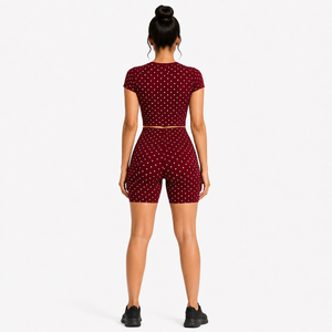 Custom Logo Women 2 Piece Yoga Set Brown Polka Dot <b>Short</b> Sleeve Crop Top <b>Shorts</b> High Waist Elastic <b>Ruched</b> Design Activewear Suit - Product Image 2