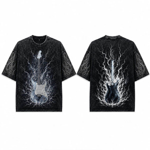 T-shirt noir vintage personnalisé pour homme, imprimé guitare électrique, motif éclair et flamme, strass sur les manches, coupe oversize - Product Image 1