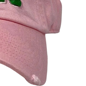 AKA Pink Hat Pink Distressed Cotton Baseball <b>Cap</b> with Green Embroidered Letters Adjustable Casual Outdoor Sports Hat for <b>Women</b> - Product Image 4