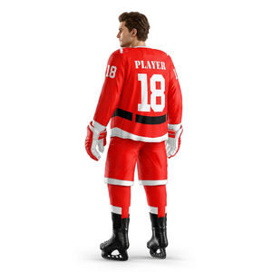 Ensemble d'uniformes de hockey sur glace personnalisés – Maillot de hockey rouge et blanc style Père Noël, short, chaussettes et gants, uniformes d'équipe personnalisés - Product Image 3