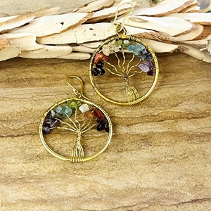 High Quality <b>Tree</b> Of Life Dangle Earrings Boho Brass Jewelry For Women 18k Gold Plated <b>Chakra</b> Gemstone Nature Hoop Wholesale OEM - Product Image 3