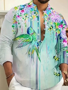 Chemise Homme Décontractée Multifonctionnelle Tendance Streetwear à Col Revers et Manches Longues, Motif Oiseau, Col en V, Coupe Droite, Tissée - Product Image 1