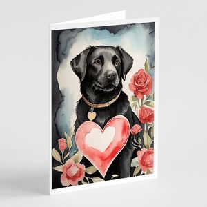 Whimsical A7 Tamaño 5x7 Tarjetas de nota en blanco Paquete 8 Black Labrador Retriever Valentine Roses Tarjetas de felicitación con sobres - Product Image 1