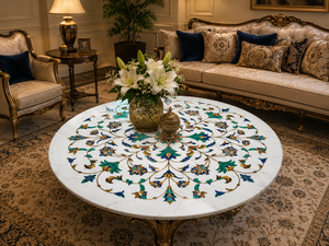 Luxury Marble Coffee <b>Top</b> Floral Inlay Design Handmade Living Room Center <b>Top</b> Elegant White Stone Furniture for Classic Home Deco - Product Image 1