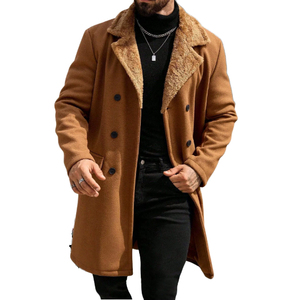 Manteau d'hiver pour homme en laine marron, double boutonnage, col à revers cranté, col en fourrure, longueur genou - Product Image 2