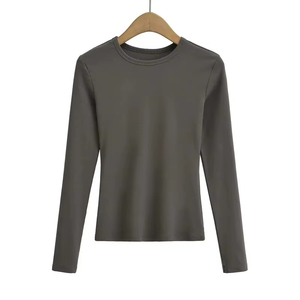 Women's <b>Pink</b> Long Sleeve Crew Neck Knitted Casual T-Shirt Slim Fit Solid Color Breathable All Seasons - Product Image 2