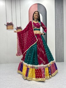 VISHNU K DESIGNS Lehenga Choli Dupatta Tradicional Largo hasta el Suelo para Mujer, 6.00 Metros, Tela Georgette con Vuelo, Completamente Cosido - Product Image 1