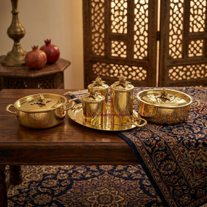 Luxury Hammered Silver Kitchen Collection Stainless Steel Casserole <b>Set</b> Tray & Matching Canisters with Gold Pumpkin Lid for Sale - Product Image 6
