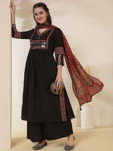 Black Embroidered V-Neck Knee-Length Quick Dry <b>Kurta</b> Palazzo Dupatta <b>Women</b> Traditional Cotton Casual Wear India Pakistan Style - Product Image 1