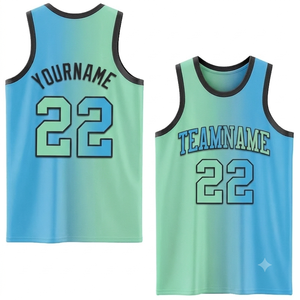 Maillot de basket-ball personnalisé par le fabricant, imprimé sur mesure, dégradé bleu vert clair, maille respirante, nom d'équipe personnalisé, numéro 22 sur le haut - Product Image 1