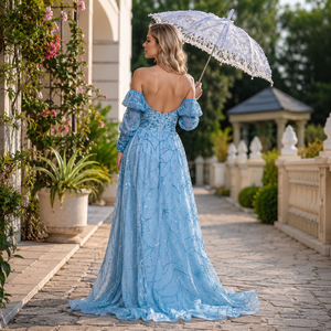 Vestido de Noche de Lujo Azul Hielo con Lentejuelas Estilo Sirena para Mujer, con Hombros Descubiertos, Manga Larga, Formal, para Fiesta de Graduación, Boda, Maxi Vestido con Cola - Product Image 3