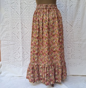 Rose Floral Block Print Cotton Womens Full Length Tiered <b>Skirt</b> Smocked Waist Button Front Ruffle Hem Mustard <b>Boho</b> Handcrafted - Product Image 2