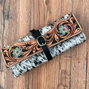 Elegante organizador de joyas plegable con herramientas a mano, rollo de joyería portátil Floral de piel de vaca occidental, estuche de joyería de viaje de cuero genuino - Product Image 2