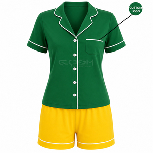 Cosh International Sisterhood Sorority Green Short Sleeve <b>Pajama</b> Set With White Trim Yellow Shorts 100% Cotton Button Front Pjs - Product Image 5