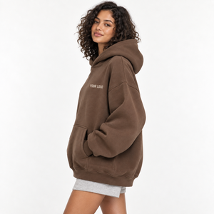 Sweat-shirt à capuche oversize pour femme, en molleton de coton marron uni, à épaules tombantes, pour l'automne - Product Image 2