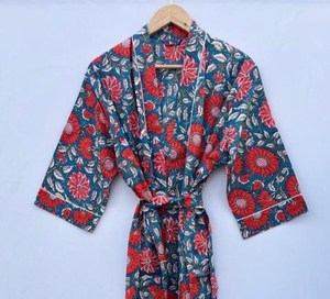 Kimono luxueux en coton imprimé à la main, à manches longues, pour usage quotidien, robe longue standard, peignoir, vêtements de détente, été - Product Image 4