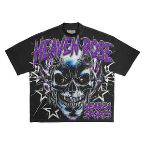 T-shirt graphique unisexe en coton épais surdimensionné pour homme, motif crâne motocross imprimé sur toute la surface, délavé à l'acide, style streetwear, vente en gros - Product Image 4