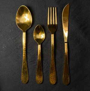 Gold Stainless Steel Flatware <b>Set</b> Hammered Handle Mirror Polished Cutlery <b>Dinnerware</b> <b>for</b> Wedding Restaurant Tabletop Rental - Product Image 5