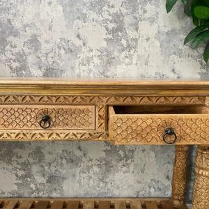 Hand Carved Mango Wood Traditional Design <b>Console</b> <b>Table</b> with 3 Drawers Antique Brown Finish for Bedroom Living Room & Dining - Product Image 2