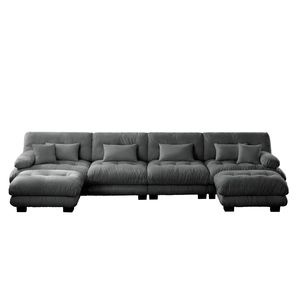 Divano Componibile Modulare a Combinazione Libera, Comodo Divano a U per Soggiorno con 4 Posti e 2 Pouf in Ciniglia Grigia - Product Image 6