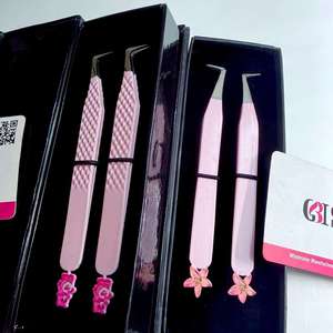 High Quality Custom Lilly Flower/ Teady <b>Bear</b> Cutout <b>Pink</b> Color 90 Boot Stainless Steel Eyelash Tweezers Smooth Silver Tip - Product Image 6