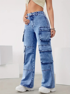 Vaqueros Cargo de Mezclilla Azul Lavado Holgados y Estilizados para Mujer, con Botones, de Corte Recto, para Uso Casual, en Venta, Servicio OEM - Product Image 5