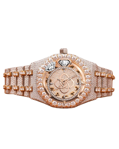 Montre de luxe pour homme en or rose sertie de diamants, avec lunette en pierres CZ, en acier inoxydable, mouvement à quartz, style hip-hop - Product Image 1