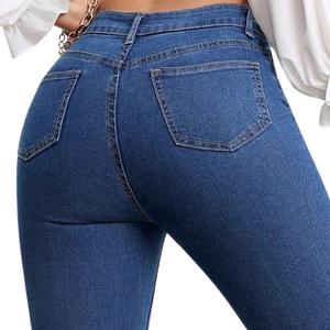 Mid <b>Waisted</b> Flare <b>Jeans</b> Women Stretch Slim Fit Denim Pants Winter Washed Solid Vintage Blue <b>Elastic</b> Bell Bottom Casual - Product Image 4