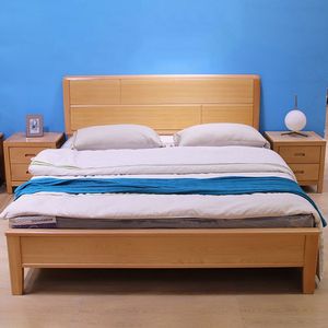 Blonde Teak Wood <b>Bed</b> Frame Block Panel <b>Headboard</b> Modern Platform <b>Bed</b> with Rounded Corners - Product Image 2