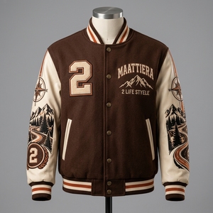 <b>Men</b> Brown Letterman <b>Jacket</b> <b>Cream</b> Leather Sleeves Motorcycle Graphic Embroidered Design Snap Front Ribbed Streetwear - Product Image 4
