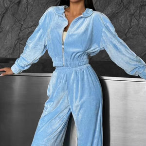 Low MOQ Casual <b>Womens</b> Rhinestone <b>Velour</b> <b>Tracksuit</b> Set 2 Piece Long Hooded Winter Wear Supply - Product Image 3