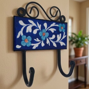 Rustic Ceramic Wall Coat <b>Hook</b> Blue Floral Tile Design 2 <b>Hooks</b> Eco-Friendly Adjustable Self-adhesive for Clothing Storage - Product Image 1