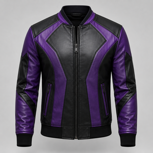 Men's Purple <b>Black</b> PU Leather Bomber <b>Jacket</b> Moto Biker Style Color Blocking Zipper Closure Turn-down Collar Regular Fit - Product Image 3