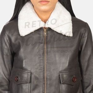 Chaqueta Bomber de Cuero Genuino Marrón Oscuro para Mujer, con Cuello de Piel Sintética Blanca, Corte Ajustado, Piel de Oveja Premium, Abrigo de Invierno Estilo Piloto - Product Image 6