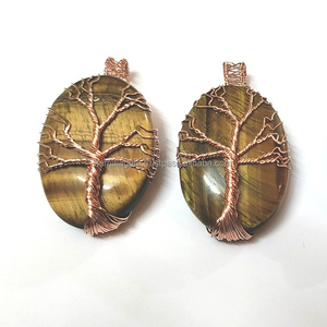 Wholesale Tiger Eye Handmade <b>Crystal</b> Pendant <b>Tree</b> of Life Copper Wire Wrap Energy Agate <b>Crystal</b> Pendants Oval Pattern for Sale - Product Image 1