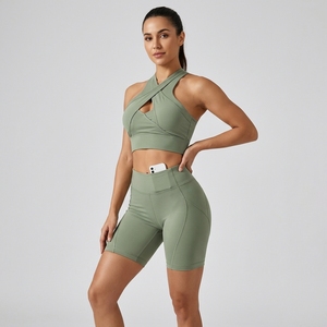 Women's Sage <b>Green</b> Cross Back Sports Bra Shorts <b>Set</b> Seamless Yoga <b>Gym</b> Workout Clothing Custom Private Label OEM - Product Image 3