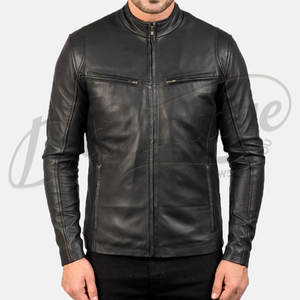Chaqueta de Cuero Negra para Hombre, Estilo Motero, Corte Ajustado, Piel de Oveja Auténtica, Otoño Invierno, Casual, con Cuello Mao - Product Image 5