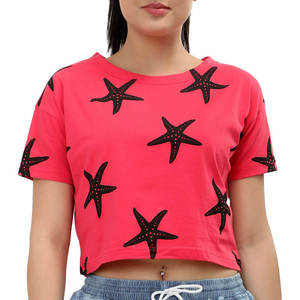 T-shirt court pour femme, imprimé étoiles roses, col rond, manches courtes, haut décontracté en tissu tricoté - Product Image 1