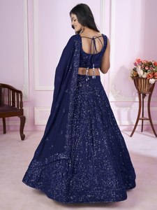 Conjunto de Lehenga Choli Azul Marino con Lentejuelas Bordadas, Traje de Fiesta de Boda Largo hasta el Suelo para Mujer - Product Image 6