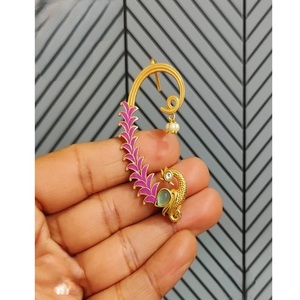 Radiant Gold Plated Alloy Pendant <b>Earrings</b> With Enamel Plant Design And Green Stone For Women Ethnic Wedding Jewelry - Product Image 2
