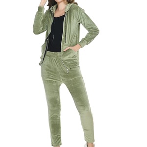 Green Color Velvet Velour Hoodie Activewear Tracksuits Slim Skiny Fit Blank Ladies Tight Breathable Velvet Tracksuits Wholesale - Product Image 4