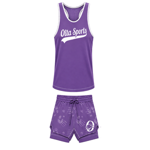 Purple White <b>Swim</b> Set Sleeveless Racerback Tank <b>Top</b> with Matching Shorts Lightweight Quick Dry Training Performance Swimwear - Product Image 1