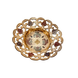 Cuenco Decorativo de Latón con Diseño Floral, Acabado Dorado, Esmalte Multicolor, Base en Forma de Hoja de Loto - Product Image 1