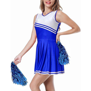 Vestido de Porrista con Bloques de Color Azul y Blanco con Pompones, Uniforme Estilo Falda para Mujeres Adultas - Product Image 6
