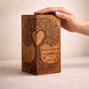 Urne funéraire en bois rectangulaire gravée motif Arbre de Vie et Cœur, boîte commémorative artisanale pour cendres, décoration religieuse pour la maison - Product Image 3