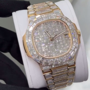 Montre-bracelet de luxe ronde pour homme, de haute qualité, style Hip Hop Bling, entièrement sertie de diamants de laboratoire, en argent et or, à mouvement quartz - Product Image 6