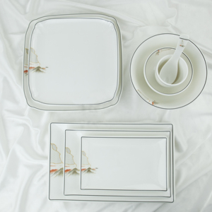 Square Melamine Serving Dishes Asian Scenic Design 2 White <b>Dinner</b> Plates <b>Set</b> with <b>Black</b> Border Dishwasher Safe BPA Free - Product Image 5